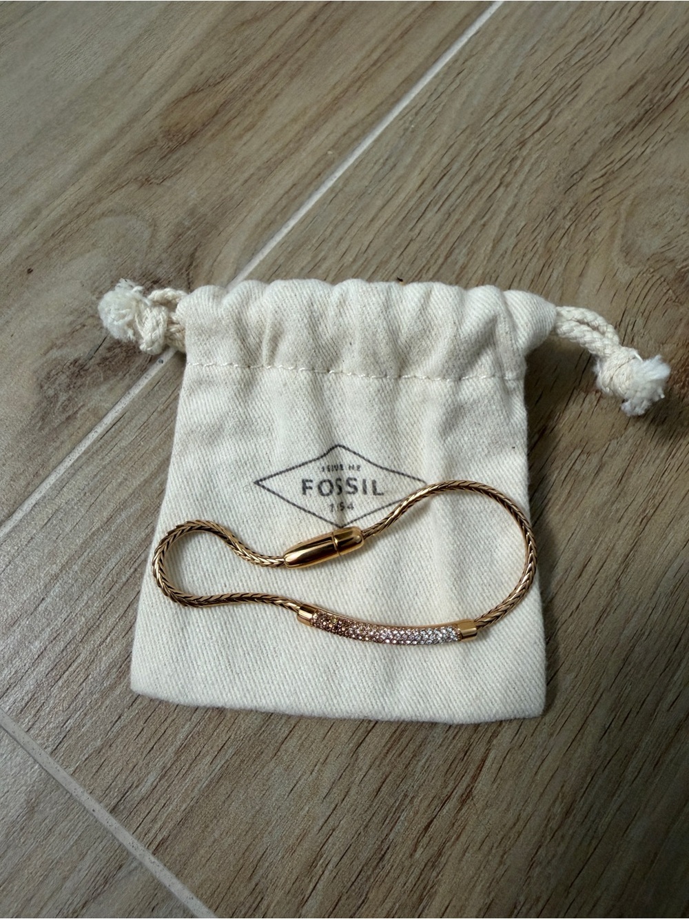 Fossil Rose Gold Braided Bracelet with Crystal Pavé Bar